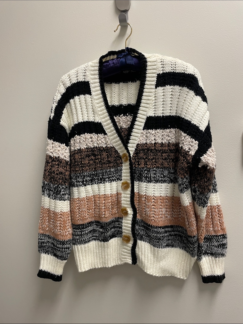Striped V-Neck Button Cardigan Sweater - Cream, Black & Brown